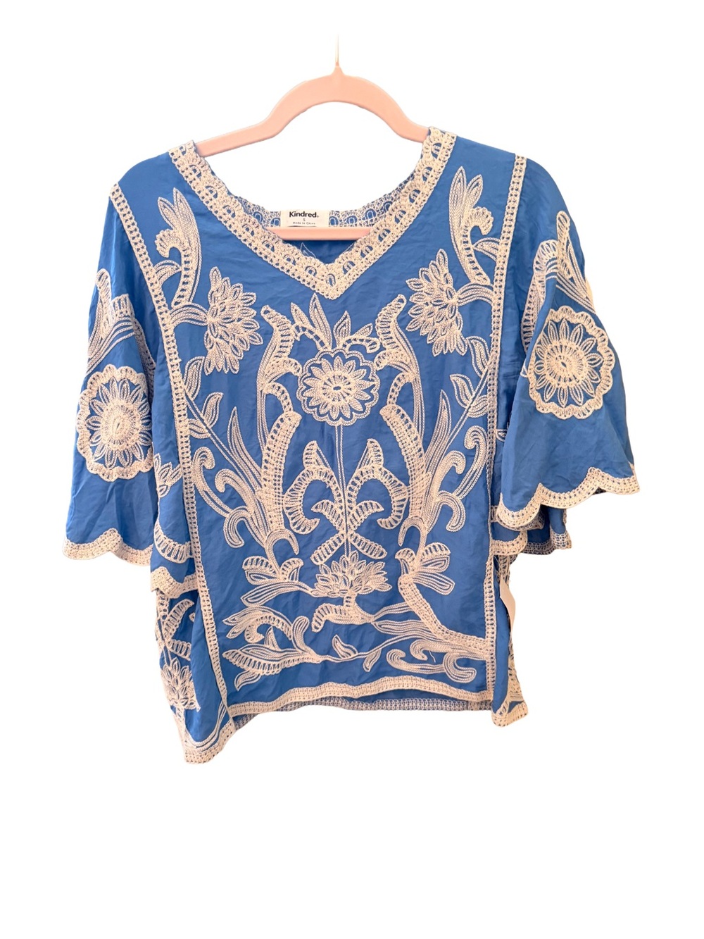 Kindred Blue Embroidered V‑Neck Peasant Blouse